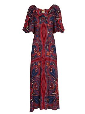 Farm Rio Macaw Arabesque Midi Dress Puffed Sleeves Boho